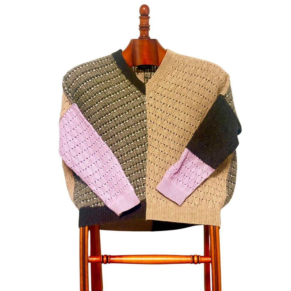 Max & Co 75% Wool Mixed Print Oversized V-Neck Knit Sweater Size 10